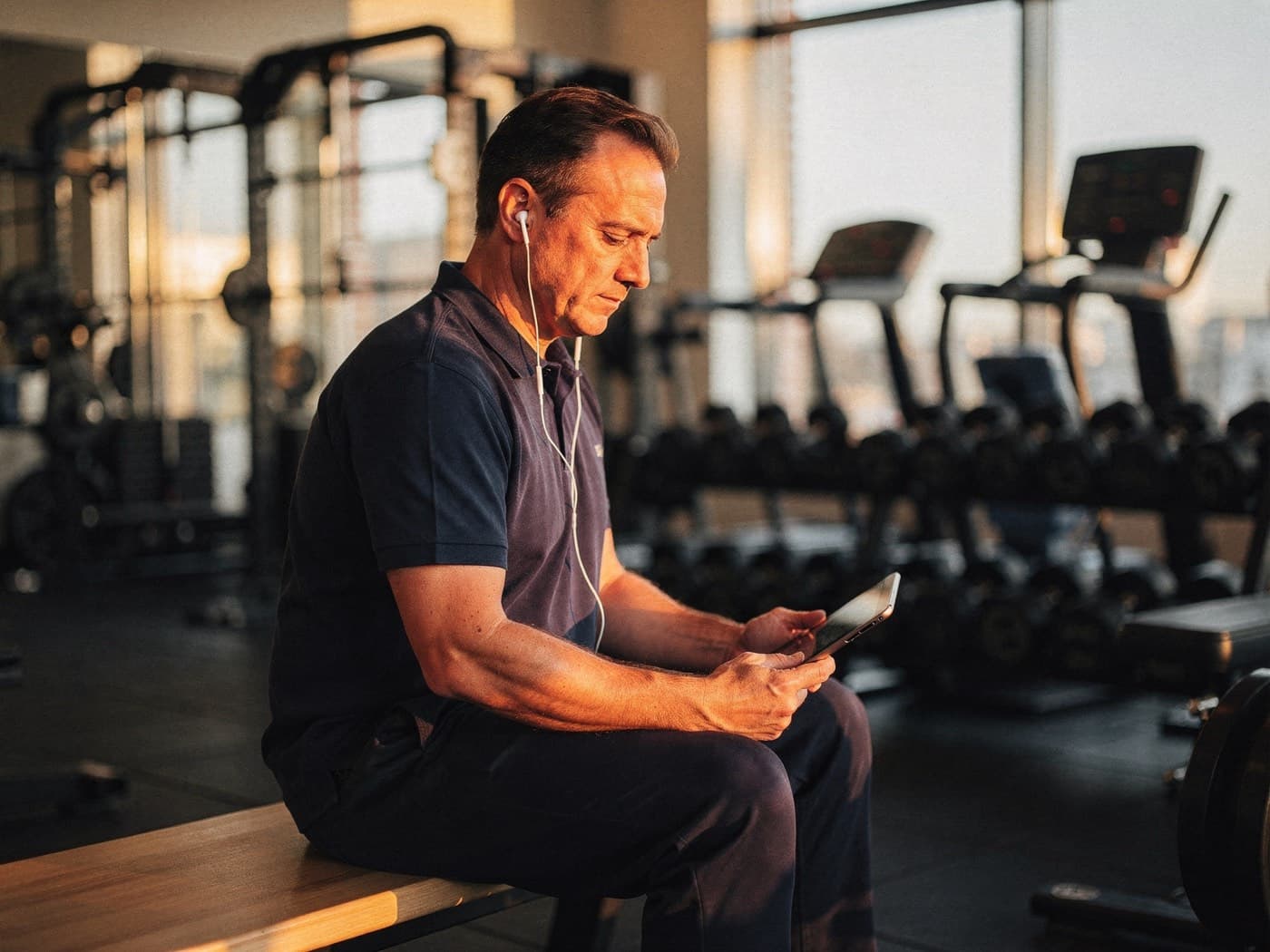 Un miembro del equipo, sentado en un banco del gimnasio antes de abrir, sigue una lección en una tableta con auriculares.