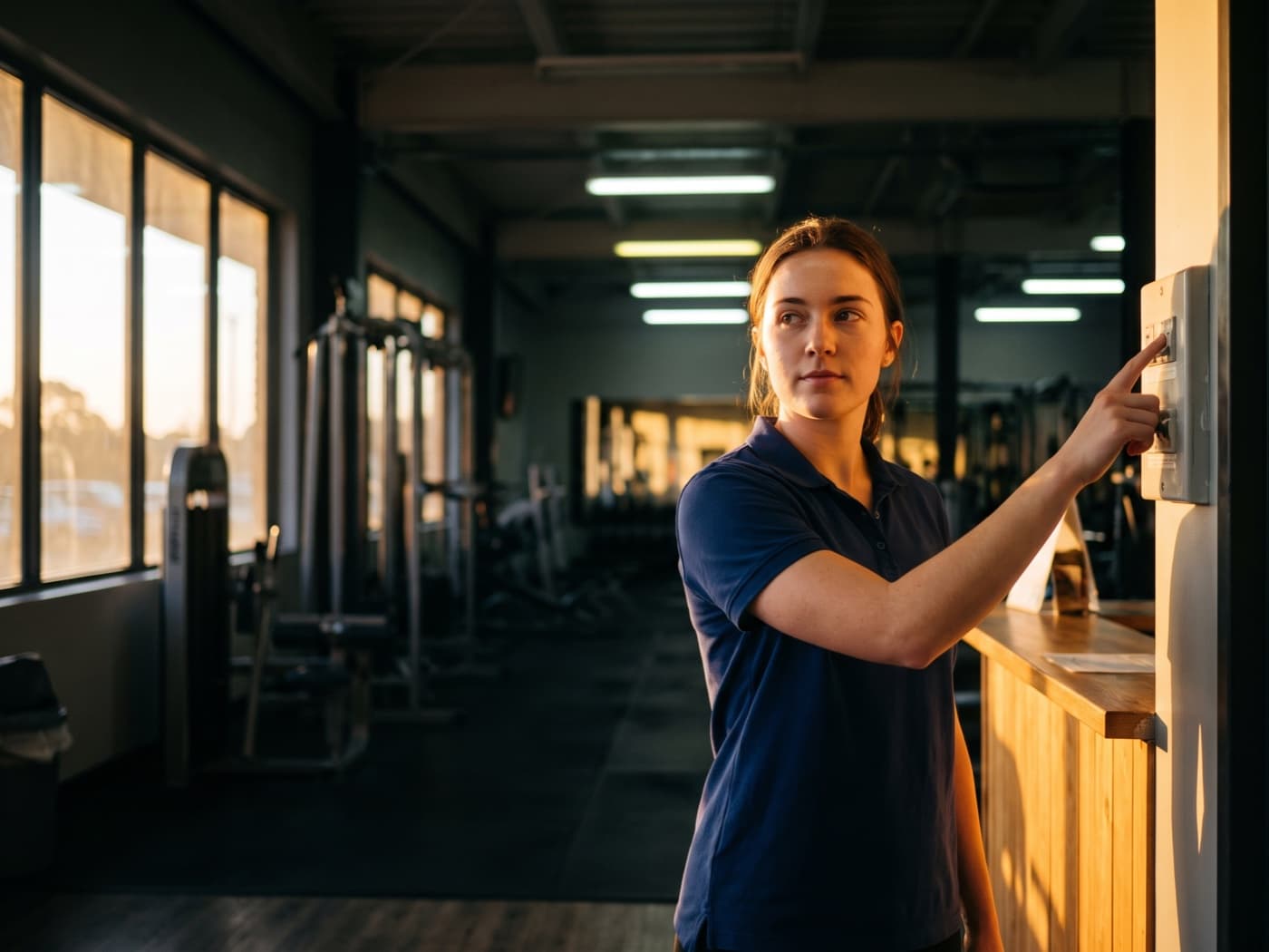 Una recepcionista enciende las luces del gimnasio antes de abrir.