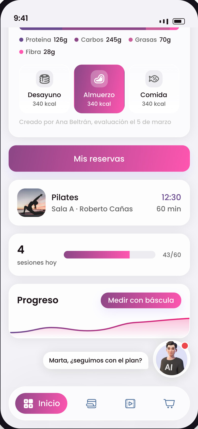 La app del socio, con su entrenamiento y su nutrición del día.