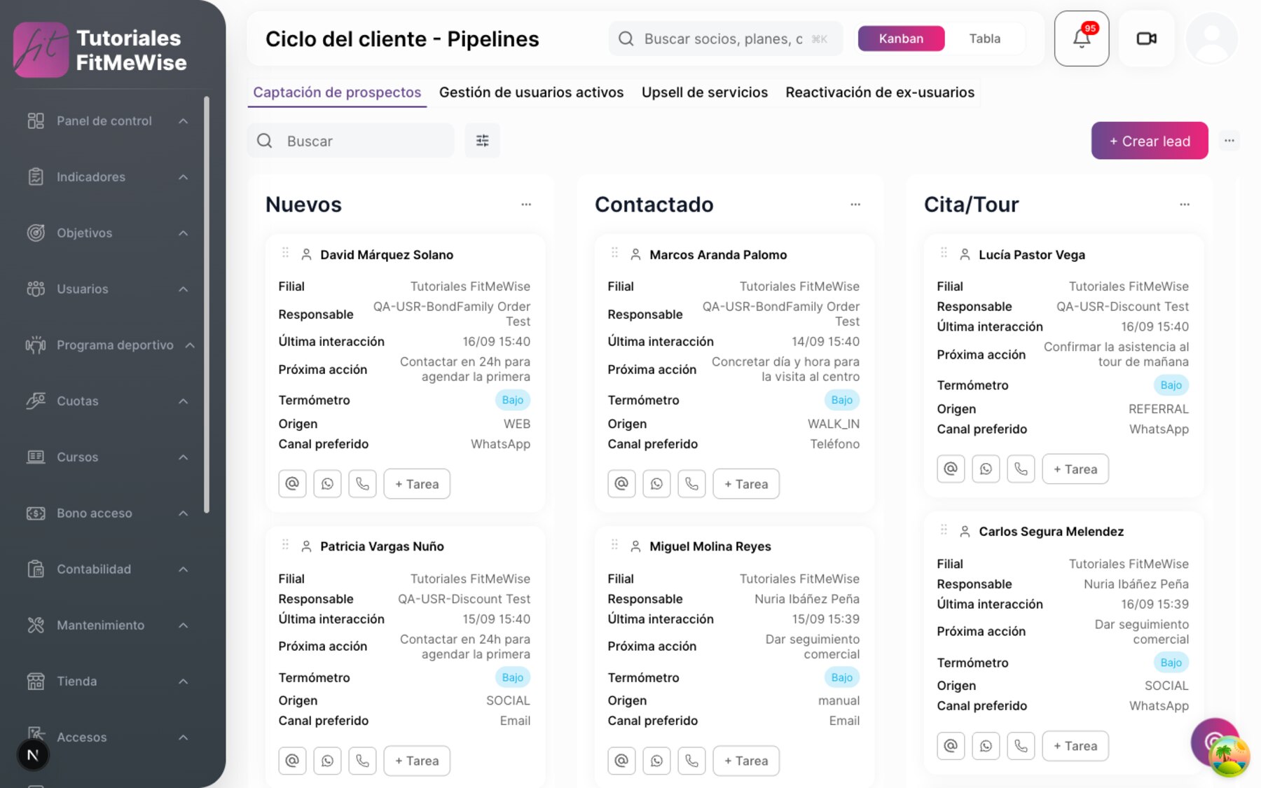 Embudo de marketing de Fitmewise con las etapas de captación y el seguimiento de cada contacto.